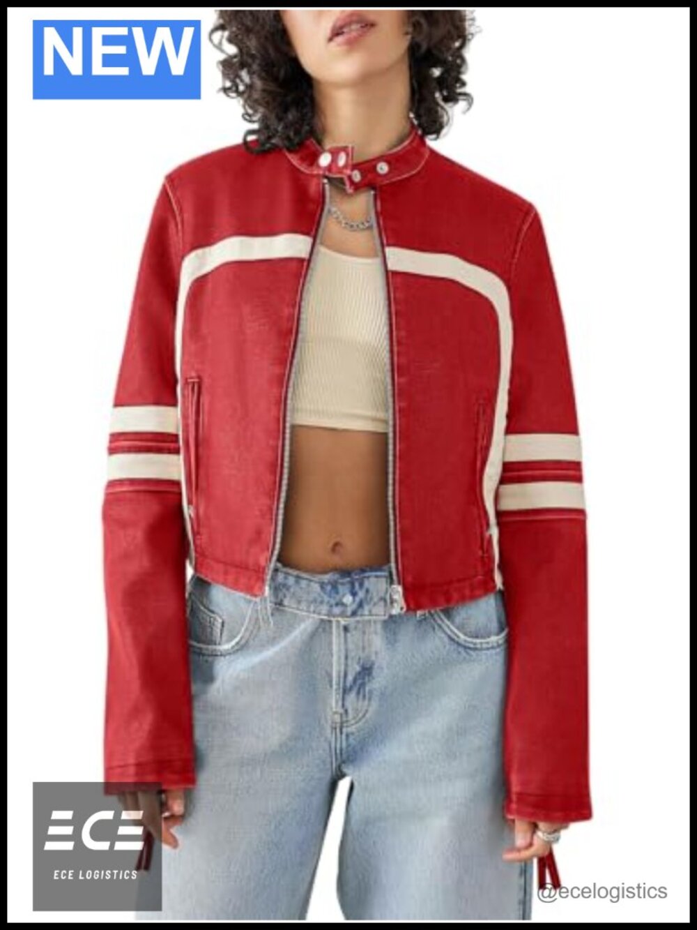 Faux Leather Cropped Moto Biker Jacket Striped Stitching Stand Collar